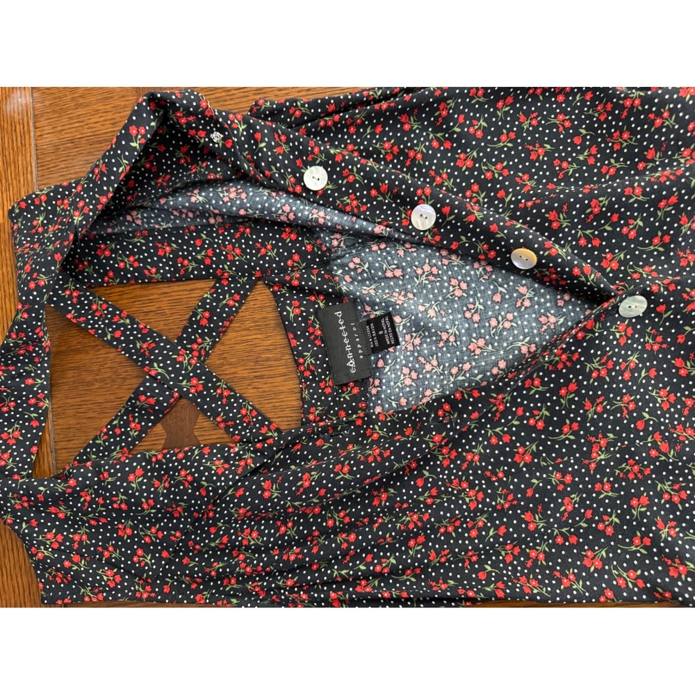 1990s Contempo Black Floral Rayon Maxi Dress Open Cross Back Grunge 8 - Picture 10 of 11